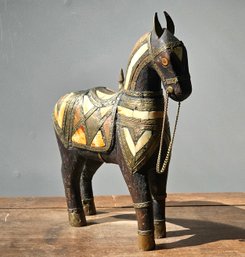 Small Brass, Bone And Copper-Mounted Wooden Horse