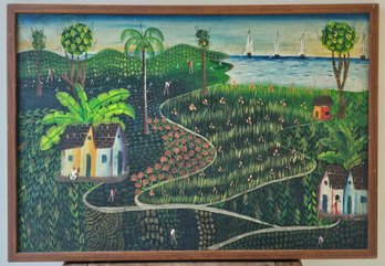 Primitive Island Plantation Painting, Artist Signed