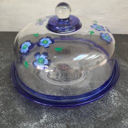 Hand Painted Cobalt Blue Pansy Floral Domed Glass Cake Dish With Platter