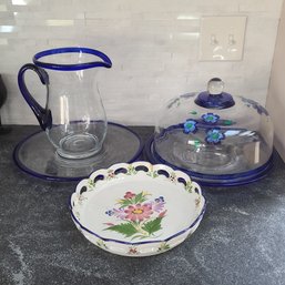 Decorative Glass Cake Plate With Dome, Glass Pitcher And Hand-painted Serving Dish From Portugal