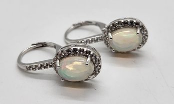 White Ethiopian Opal, White Zircon, Rhodium Over Sterling Earrings