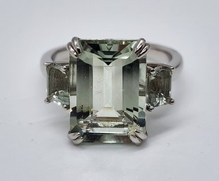 Premium Green Prasiolite 3 Stone, Rhodium Over Sterling Ring