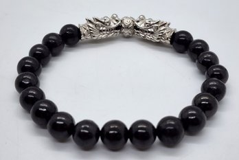Shungite Beaded Stretch Bracelet With Dragon Charm In Rhodium Over Sterling