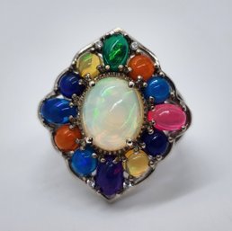 Ethiopian & Multi-Color Welo Opal, Zircon Floral Ring In Platinum Over Sterling