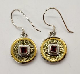 Sajen Silver, Red Garnet Coin Earrings In Sterling