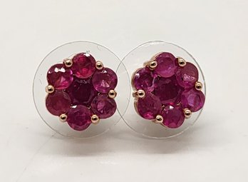 Red Ruby (FF) Floral Stud Earrings In Rose Gold Over Sterling
