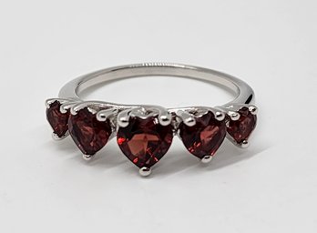 Red Garnet Hearts, 5 Stone Ring In Rhodium Over Sterling