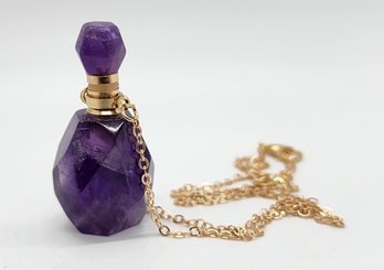 Amethyst Perfume Bottle Pendant Necklace In Gold Tone