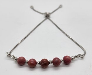 Rhodonite Beaded Chain Bolo Bracelet In Sterling