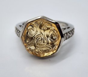 Brazilian Citrine Carved Zircon Ring In Platinum Over Sterling