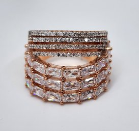 Premium White CZ, Rhodium Over Sterling & 18k Rose Gold Over Sterling Ring