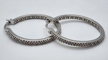 White Diamond, Rhodium Over Sterling Hoop Earrings