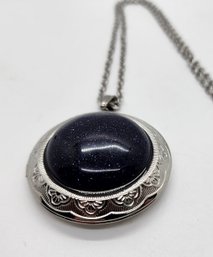 Blue Goldstone Locket Pendant Necklace In Stainless