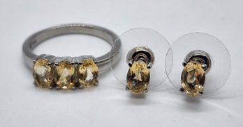 Brazilian Citrine 3 Stone Ring & Stud Earrings In Stainless