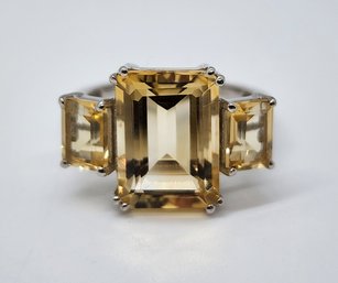 Yellow Citrine 3 Stone Ring In Rhodium Over Sterling