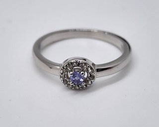 Blue Tanzanite, White Zircon, Rhodium Over Sterling Ring