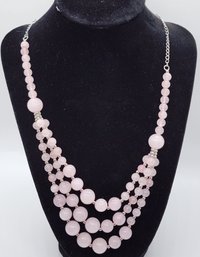 Rose Quartz 3 Row Necklace In Rhodium Over Stainless