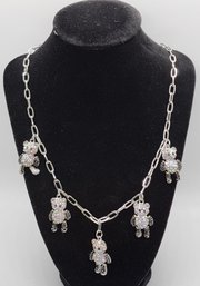 Austrian Crystal Teddy Bear Charm Necklace In Silvertone