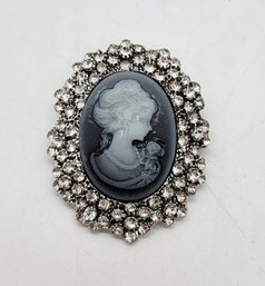 Austrian Crystal, Grey Resin Cameo Brooch In Silvertone