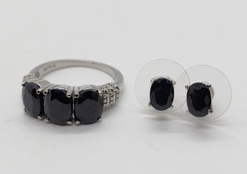 Midnight Sapphire 3 Stone Ring & Stud Earrings In Stainless Steel