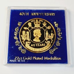 40th Anniversary Queen Elisabeth  ~ 22ct  Gold Plated Proof Medallion Coin England UK