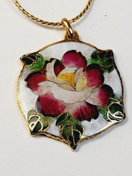 Vintage Gold Tone Necklace And Flower Stained Glass Design Pendant