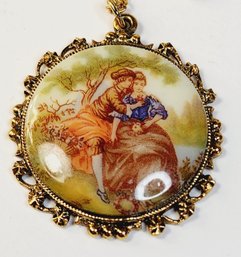 Vintage Gold Tone Victorian Couple Courting Pendant And  Necklace