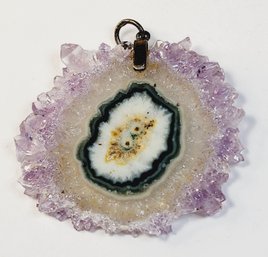 Sterling Silver LARGE Stone Crystal Geode Slice Pendant