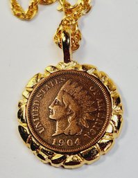 1904 Indian Head Penny 1 Cent Princess Pendant Necklace With COA