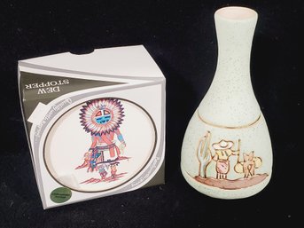 Ceramica Gardiel Pale Green Pottery Bud Vase & Set Of Sandstone Creations Dew Stopper Indian Coasters