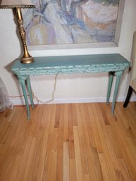 Hallway Table.  All Wood.  Pretty Shade Of Blue With Gold Hints. - - - - - - - - - - - - - Loc: Garage