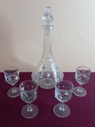 Hand Painted Cordial Glasses And Decanter