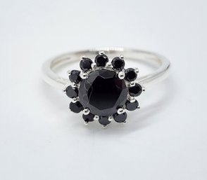 Faux Black Diamond Floral Ring In Sterling