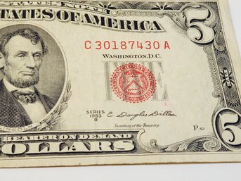 1953 $5 Red Seal Certificate Bill /u S Note