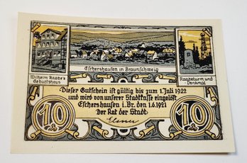 Antique.... 1921s Notgeld  10 Pfennig Bank Note  German For 'emergency Money' UNC Condition