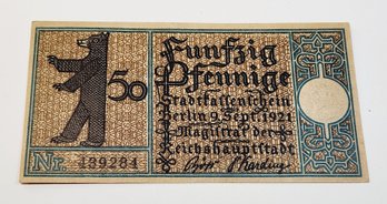Antique.... August 1921s Notgeld  Bezirk 50 Pfennig Bank Note  German For 'emergency Money' UNC Condition