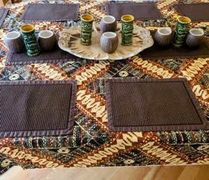 Brown And Blue Tribal Print Tablecloth With (8) Placemats, (4) Tiki Glasses And (6) Coconut Cups
