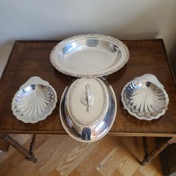 Silver Plate Covered Serving Dish , Footed Bowl And Two Shell Dishes