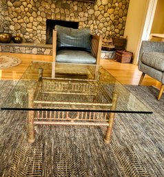 Modern Glass Coffee Table With Painted Metal Bamboo Rattan Style Base