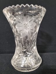 Heavy Vintage 8.25'h Crystal Sawtooth Edge Etched Flower Vase