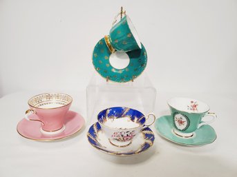Four Lovely Vintage Assorted Bone China Porcelain Tea Cups & Saucers - Aynsley, Paragon, Susie Cooper