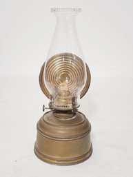 Antique Brass Edward Miller Co. Elfin Kerosene  Reflector Night Lantern Lamp With Glass Chimney & Wall Mount