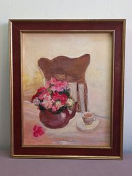 Oil On Canvas Floral Bouquet In Tea Pot Still Life
