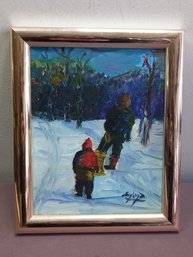 Oil On Canvas Winter Scene- Walking Through Snow