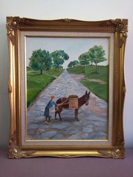 Signed Oil On Canvas Women With Donkey