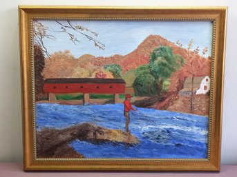 Oil On Canvas Man Fishing