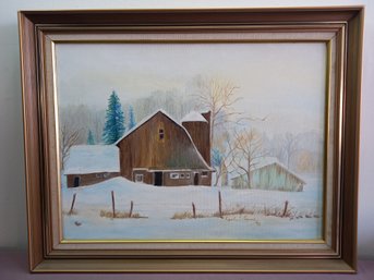Oil On Canvas Winter Barn Scene