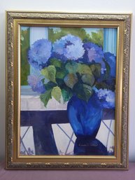 Oil On Canvas Blue Floral Vase In The Window Still Life