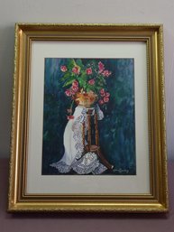 Watercolor Flower Vase On Plant Stand Still Life