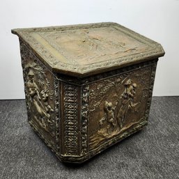 Lift Top Repousse Brass Chest Depicting Mother And Children
